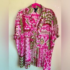 Liz & Me Pink Boho Paisley Pleated Crepe Ruffle Trim Button Up Blouse 0X 14/16